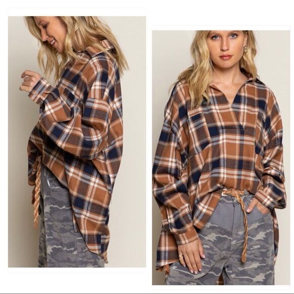 𝅺pol Plaid Soft Shirt Featuring relaxed fit and half overlay front with collar - Picture 3 of 9